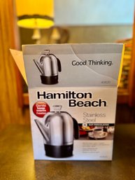 (UP-5) NEW IN OPEN BOX HAMILTON BEACH COFFEE POT - 4 CUP STAINLESS STEEL PERCOLATOR