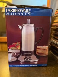 (UP-7) NEW IN OPEN BOX FARBERWARE MILLENNIUM COFFEE POT - 12 CUP PROGRAMABLE STAINLESS STEEL PERCOLATOR