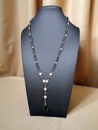 (J-3) VINTAGE 14 KT YELLOW GOLD CRYSTAL/GLASS BEAD DROP NECKLACE