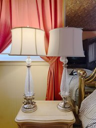 (BR) PAIR OF CRACKLE GLASS TABLE LAMPS WITH SHADES - WORKING- 35' TALL WITH SHADES & FINIAL