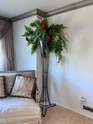 (LR) VINTAGE TALL IRON PLANT STAND WITH GLASS VASE INSERT & FLORAL DISPLAY, 1990'S - 44' BY 88' - WE HAVE 2