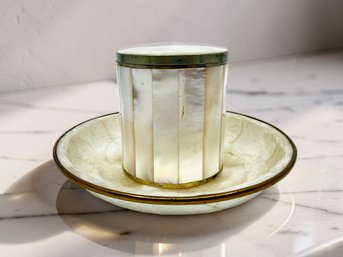 (A-42) VINTAGE PAIR OF IRIDESCENT MOTHER OF PEARL CYLINDRICAL CONTAINER & MATCHING PLATE