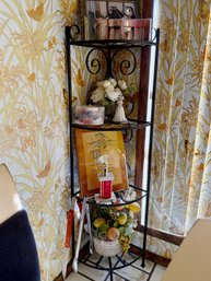 (K) WROUGHT IRON FOUR SHELF CORNER DISPLAY RACK - CONTENTS NOT INCLUDED - APPROX: 48' BY 16'
