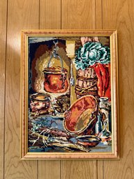 (HALL) VINTAGE JUDAICA STIL LIFE FRAMED NEEDLEPOINT PICTURE - 18' BY 22'