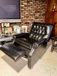 (BASE) VINTAGE BLACK LEATHER OR VINYL RECLINER IN GREAT SHAPE- 34' BY 48' BY 18'
