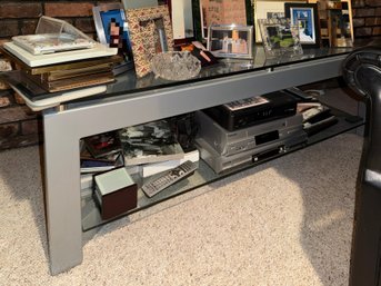 (BASE) GLASS & METAL TV STAND MEDIA STAND WITH ONE SHELF, CONTENTS NOT INCLUDED- 58' BY 20' BY 18'