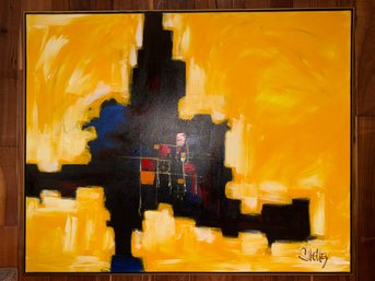 (BASE) OVERSIZED ORIGINAL VINTAGE MCM ABSTRACT OIL PAINTING ON CANVAS SIGNED 'SHELLEY' - YELLOW MODERNIST