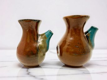 (A-63) VINTAGE PAIR OF ART POTTERY POURING VESSELS WITH INSIGNIA'S-APPROX. 5' TALL EACH