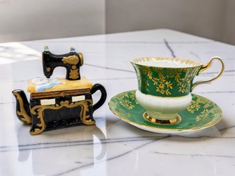 (A-66) VINTAGE PAIR OF COLLECTABLES-CUP & SAUCER ROYAL WINDSOR & TRINKET BOX SEWING MACHINE