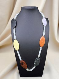 (J-14) VINTAGE 14 KARAT GOLD & NATURAL STONES, QUARTZ, ONYX AND BEADED CRYSTAL NECKLACE