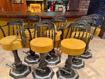 (BASE) SET OF SEVEN VINTAGE KESSLER? CAST IRON SWIVEL BAR STOOLS WITH YELLOW SEATS, HEAVY - 42' BY 23' 31'