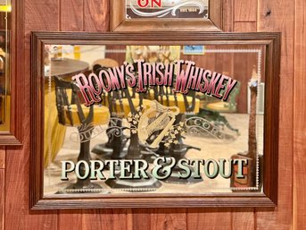(BASE) VINTAGE ROONY'S IRISH WHISKEY PORTER & STOUT MIRRORED BAR SIGN, FRAMED- 34' BY 24'
