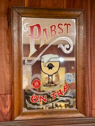(BASE) VINTAGE PABST BLUE RIBBON BEER ON TAP MIRRORED BAR SIGN, FRAMED- 16' BY 23'