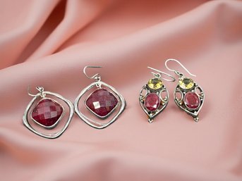 (J-27) VINTAGE 2-PAIR OF STERLING SILVER AND FACETED RED GEMSTONE PAIRS OF EARRINGS