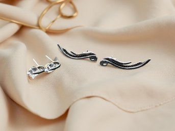 (J-30) 2 VINTAGE PAIRS OF STERLING SILVER EARRINGS-CZ'S