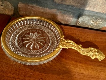 (B-13) VINTAGE CUT CRYSTAL BOWL WITH BRONZE MOUNTED HANDLE - 8'