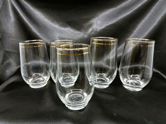 (A-66) VINTAGE MCM SET OF 5 STEMLESS BARWARE GLASSES-5' TALL W/DBLE RIMMED GOLD TRIM