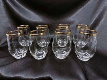 (A-67) VINTAGE MCM SET OF 8 STEMLESS BARWARE GLASSES-3 3/4'- W/DOUBLE RIMMED GOLD TRIM