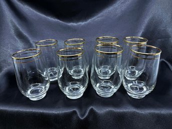 (A-68) VINTAGE MCM SET OF 8 STEMLESS BARWARE GLASSES-4 3/4'- W/DBLE RIMMED GOLD TRIM