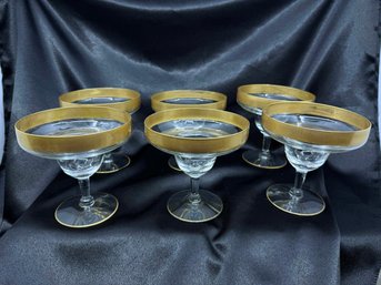 (A-72) SET OF 6 VINTAGE MCM DOROTHY THORPE STYLE COUPE/DESSERT GLASSES-GOLD TRIM-5'TALL