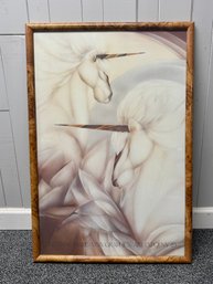 (P-3) LARGE FRAMED VINTAGE POSTER UNICORNS, ART EXPO 1983 SUZANNE MARIE VIVA GRAPHICS - 26' BY 38'