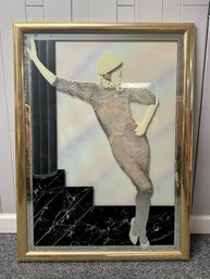 (P-3B) LARGE FRAMED VINTAGE JON GILMORE PRINT ART DECO LADY -MIRRORED MIXED MEDIA - 33' BY 45'