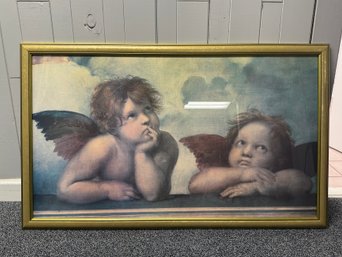 (P-5) LARGE FRAMED VINTAGE PRINT PUTTI, TWO ANGELS DETAIL SISTINE CHAPEL IN GOLD FRAME - 31' BY 51'