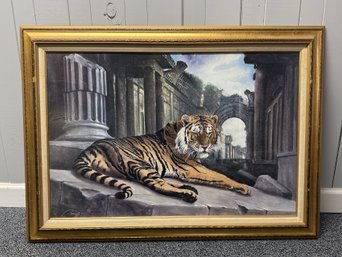 (P-7) LARGE FRAMED VINTAGE PRINT BY CHARLES BERRY -TIGER IN THE RUINS - 32' BY 44'
