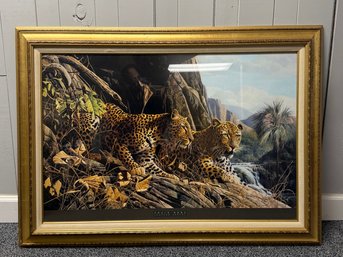 (P-8) VINTAGE FRAMED POSTER PRINT BY CRAIG BONE 'LEOPARD SENTRY' - 32' BY 43'