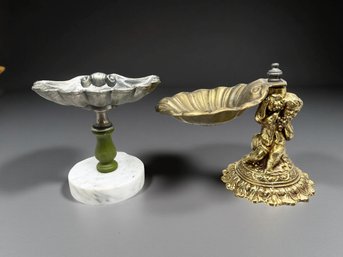 (A-7) VINTAGE PAIR OF METAL PEDESTAL SHELL SOAP DISH HOLDERS-SILVER TONED & GOLD TONED - CHERUB