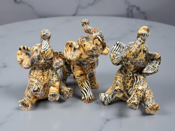 (A-10) VINTAGE TRIO OF LA VIE SAFARI COLLECTION CERAMIC ELEPHANT FIGURINES-ANIMAL PRINTS