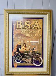 (P-18) VINTAGE BSA BIRMINGHAM MOTOR BICYCLES MOTORCYCLE RIDERS FRAMED PRINT- 24' BY 32'