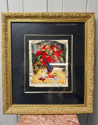 (P-20) VINTAGE ALEXANDER & WISSOTZK FLORAL SERIGRAPH IN ORNATE GOLD FRAME - 21' BY 19'