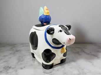 (A-19) VINTAGE CERAMIC HAND PAINTED COW AND ROOSTER COOKIE JAR-APPROX. 10 1/2' X 12'