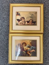 (P-24) PAIR OF VINTAGE PUTTI CHERUB PRINTS FRAMED IN GOLD- 17' BY 15'