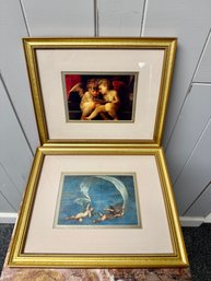 (P-24B) PAIR OF VINTAGE PUTTI CHERUB ANGELS PRINTS FRAMED IN GOLD- 11' BY 9'