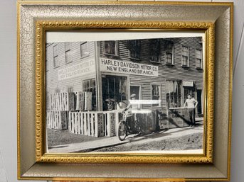 (P-26) VINTAGE PRINT OF ANTIQUE HARLEY DAVIDSON MOTORCYCLE PHOTO FRAMED IN GOLD- 19' BY 16'