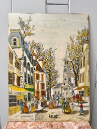 (P-27) VINTAGE MID CENTURY ART PRINT ON PLEXIGLASS, FRENCH COUNTRY TOWN- 12' BY 16'