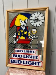 (P-28) VINTAGE BUD LIGHT SPUDS MACKENZIE MIRROR CLOCK, BATTERY OPERATED, NOT TESTED - 14' BY 20'