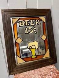 (P-33) VINTAGE 'BEER' STAINED GLASS MIRRORED BAR SIGNED -15' BY 13'