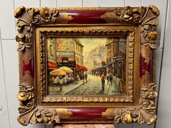 (P-34) SIGNED VINTAGE EUROPEAN STREET SCENE OIL PAINTING -27' BY 24'