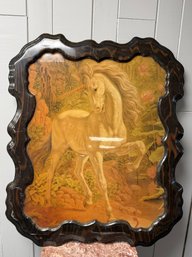 (P-35) VINTAGE UNICORN PRINT MOUNTED ON LACQUERED WOOD- 23' BY 28'