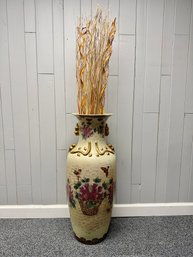 (P-37) OVERSIZED VINTAGE FLOOR VASE ASIAN SATSUMA STYLE WITH RAISED DECORATION, MADE IN CHINA -37'H BY 15'