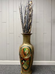 (P-38) MODERNIST OVERSIZED VINTAGE FLOOR VASE WITH BOLD FACES & DESIGNS -37'H BY 15'