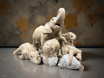 (A-38) VINTAGE SET OF 5 RESIN HAND PAINTED ELEPHANT FIGURINES-HERD