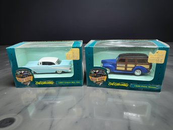 (A-39) VINTAGE PAIR OF NEW IN BOX ERTL COLLECTIBLES CAR MODELS-1957 CHEVY BEL AIR & 1940 FORD WOODY