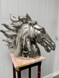 (P-41) VINTAGE SILVER CERAMIC HORSE HEAD STALLION SCULPTURE, MIRROR SURFACE, MODERNIST - 22' H BY 18'