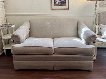 (LR) THOMASVILLE TAN UPHOLSTERED TWO SEAT SOFA - 58' BY 30' BY 18' SEAT HEIGHT