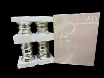 (A-49) VINTAGE NEW IN BOX ULTA 4 PIECE CANDLE HOLDERS-SILVER GLASS