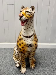 (P-45) LARGE VINTAGE ITALIAN CERAMIC LEOPARD, CHEEHAH - PURCHASED IN FORTUNOFF -REPAIR TO PAW - 36' BY 20'